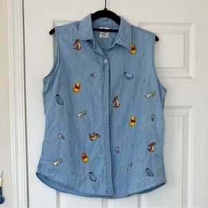 The Disney Store Vintage Button Down Sleeveless Embroidered Winnie the Pooh Top